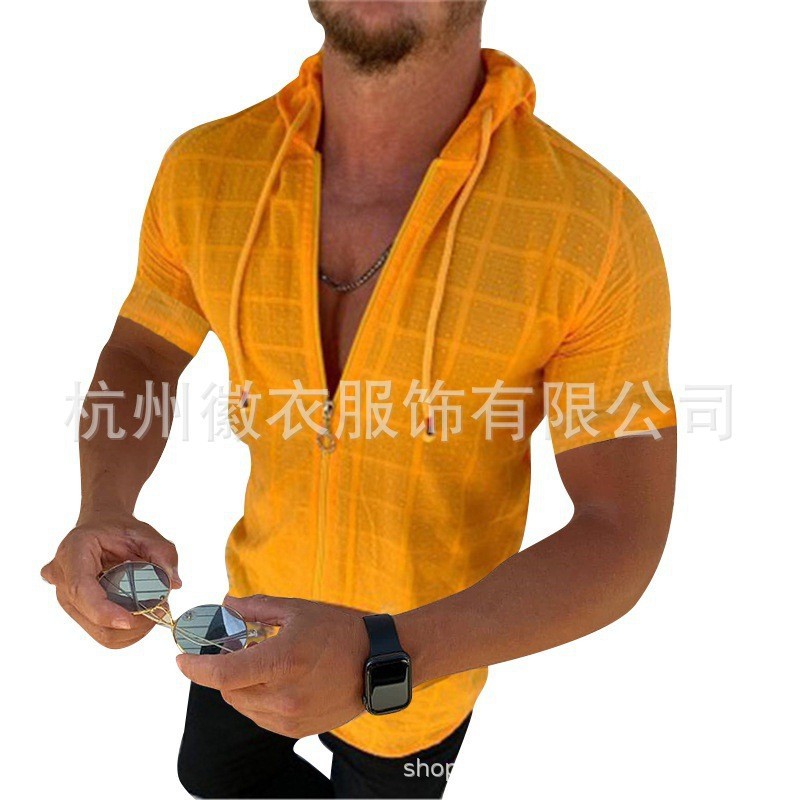 2021新款亚马逊休闲修身短袖拉链开衫连帽衫多色休闲外套格子外套